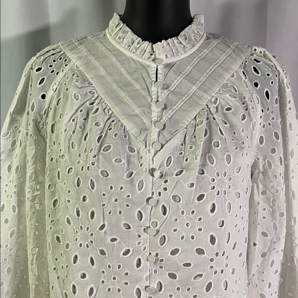 NWT PrettyGarden White Floral Eyelet Long Sleeve Button Front Ruffle Blouse - Picture 4 of 16